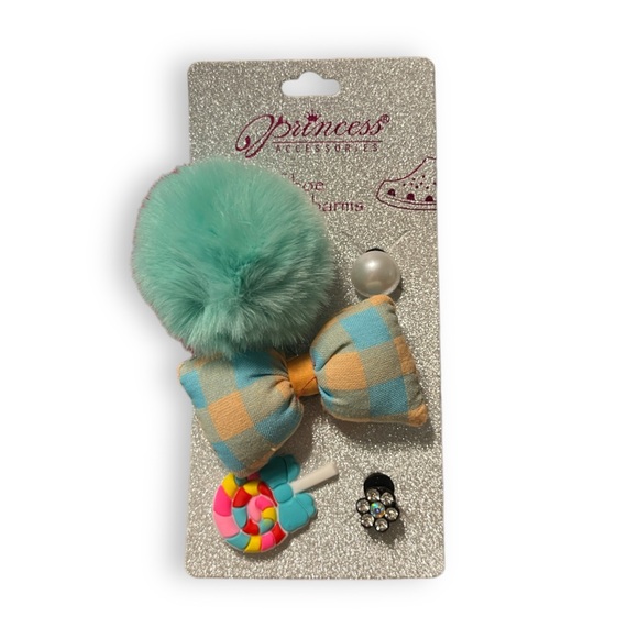 Shoe Croc Charms Set of 5 Pearl, Bling Flower, Lollipop, Bow & Pom Pom - Green - Picture 2 of 2